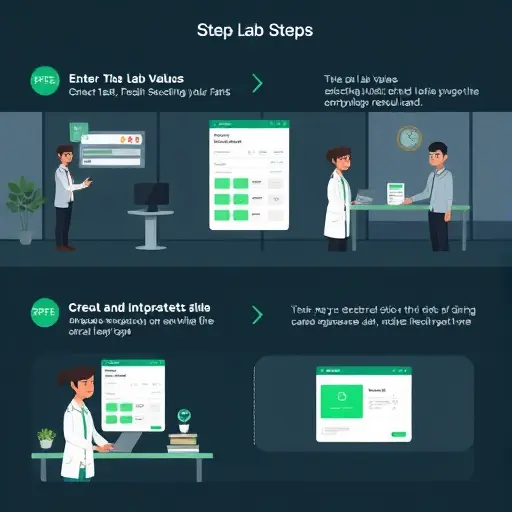 cartoon-style step-by-step UI illustration showing a user entering lab values, selecting units, clicking interpret, and viewing a result card;