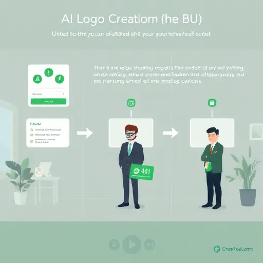 step-by-step animated infographic for AI logo creation process: login, select style, enter brand info, preview, download;