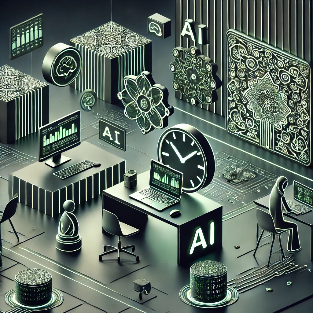 abstract concept of productivity and time management using AI for students, animated illustration, digital clocks, to-do lists, AI technology symbols, green and black color theme, text-free