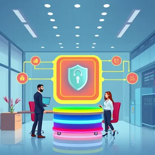 modern cyber security diagram for AI API integration, colorful animated layers showing firewall, encrypted API keys, Iranian data center, cartoon style, no text