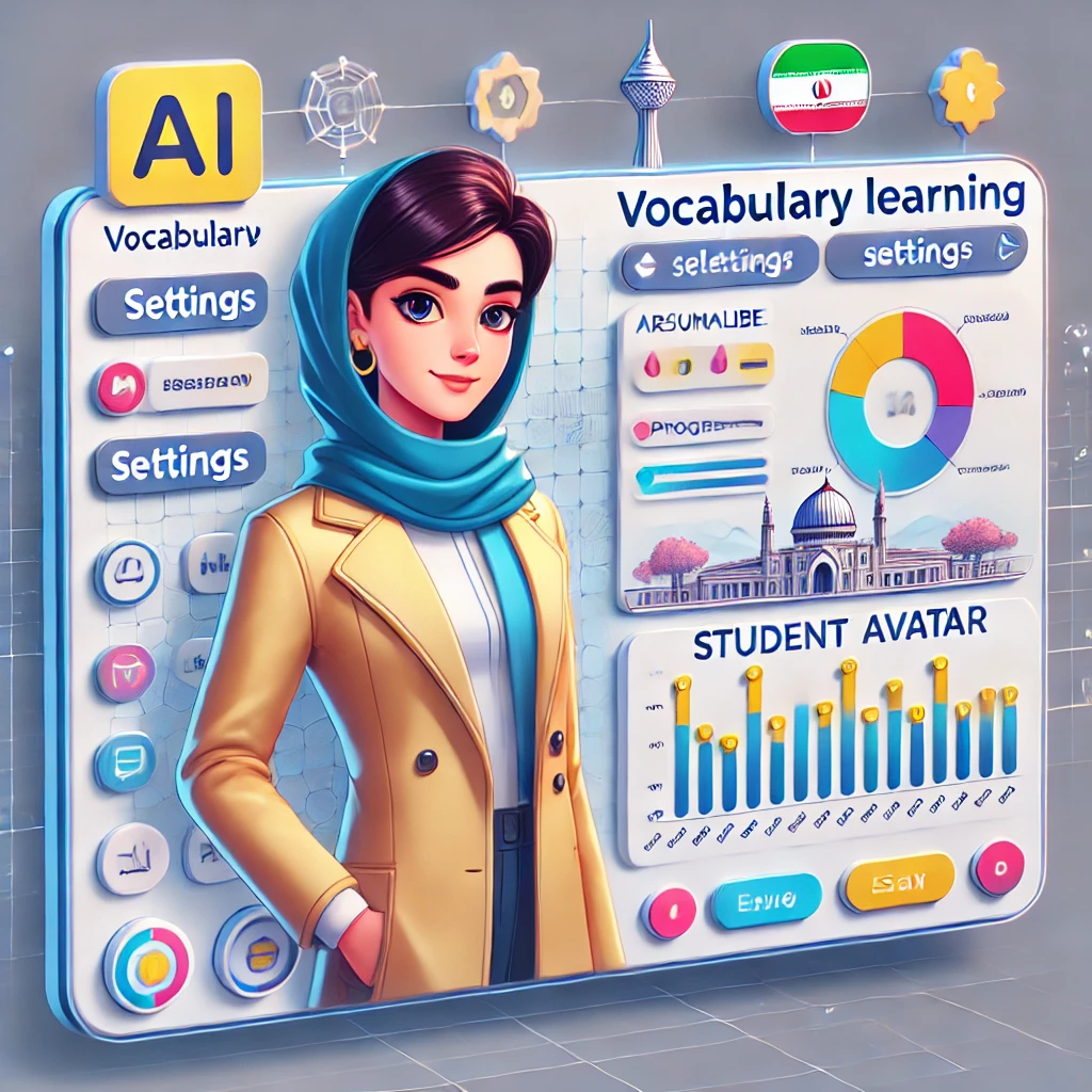 cartoon-style illustration of a personalized AI dashboard for vocabulary learning, showing adjustable settings, student avatar, and progress bars, tech theme, no text