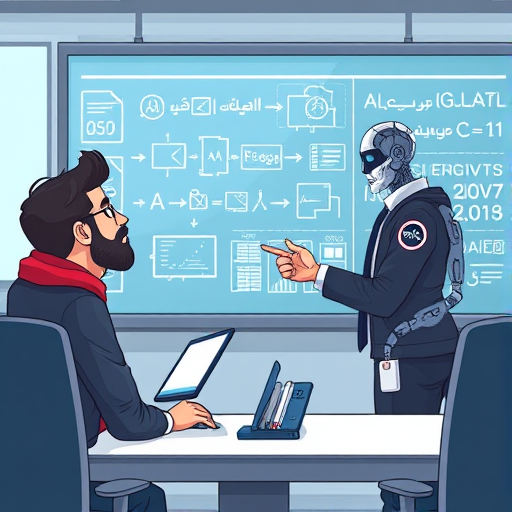 modern illustration of animated AI assistant explaining algorithm concepts to a student, digital blackboard with algorithms, clean tech background, text-free