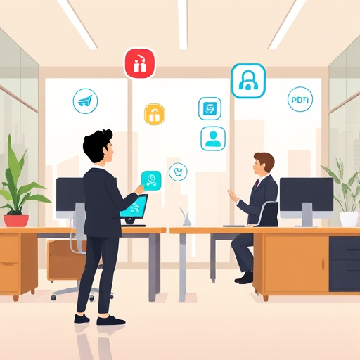 cartoon style animated illustration showing AI agents (symbolized as floating icons)