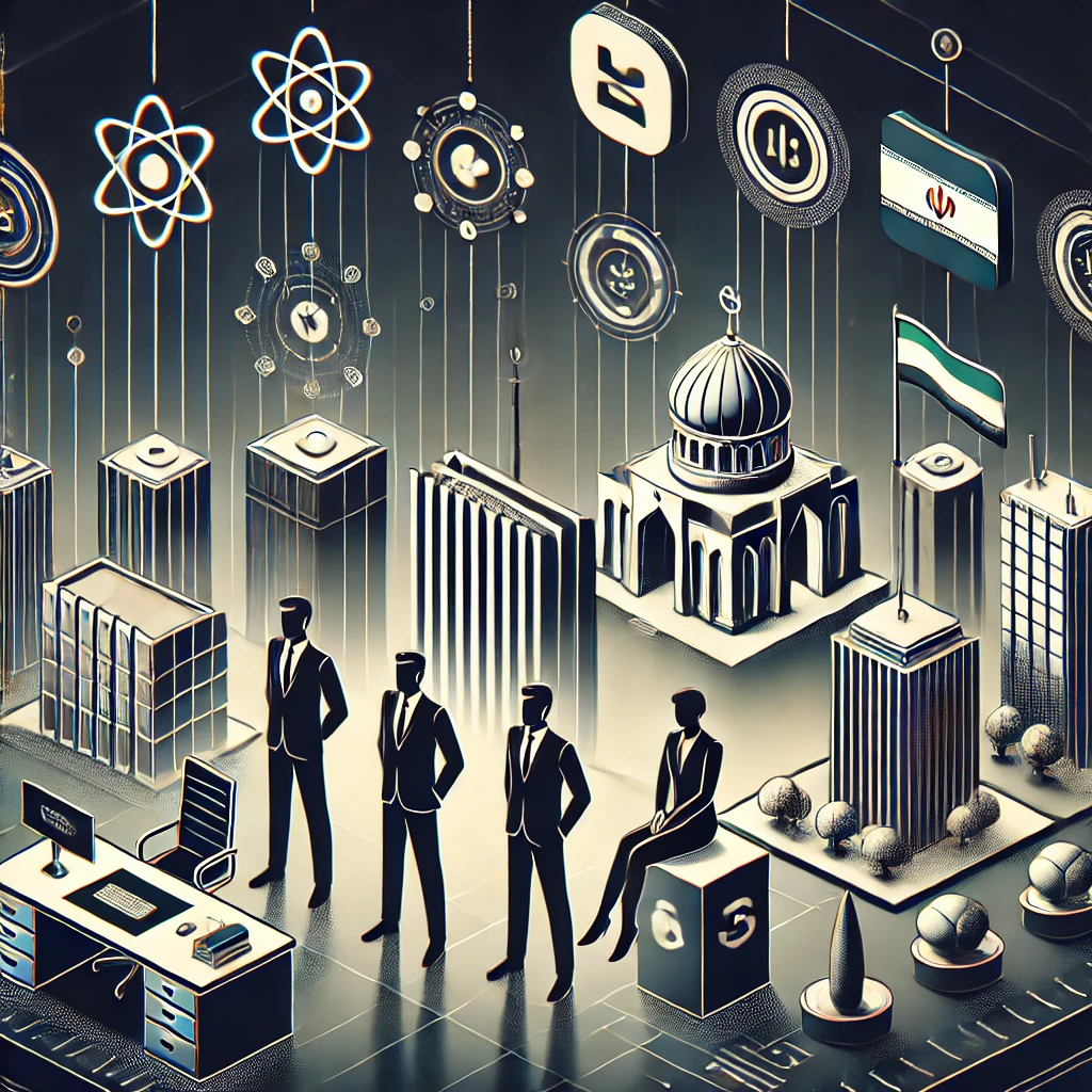 comparison chart illustration, showing an Iranian AI platform alongside foreign competitors, tech icons, price and accessibility symbols, cartoon style, dark background, no text