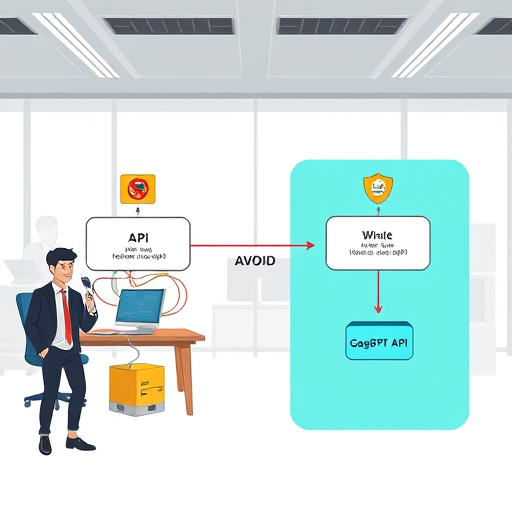 modern cartoon-style architecture diagram comparing two API integration flows: one with tangled proxies, rate limit signs and security warnings (OpenAI+sanction workaround)