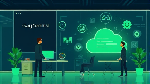 modern animated illustration of artificial intelligence cloud service, symbols for Gemini AI, futuristic interface, green and dark theme, text-free