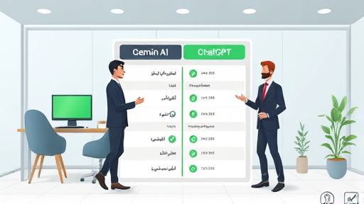 comparison chart of Gemini AI and ChatGPT, cartoon style, green and blue highlights, minimalist, text-free, modern