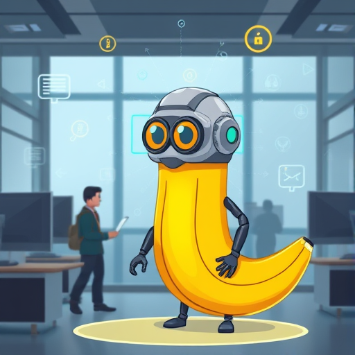 cartoon-style digital security shield and banana-
