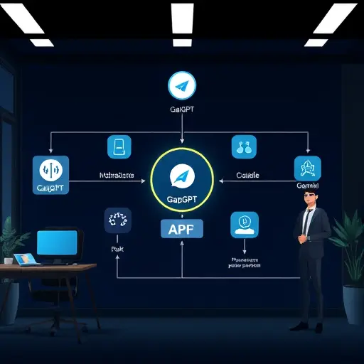 animated diagram of a Telegram bot workflow connecting via GapGPT API to AI models (ChatGPT, Claude, Gemini)