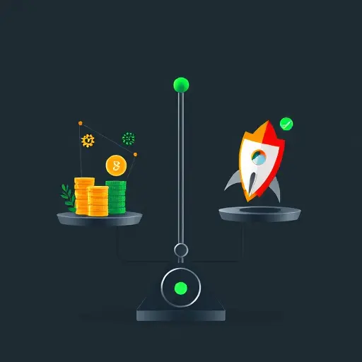 animated balance scale comparing benefits: left pan with throttle icon, coin stack, hourglass; right pan with rocket, shield, checkmark; dark theme #171717 with green accents #94d3a2