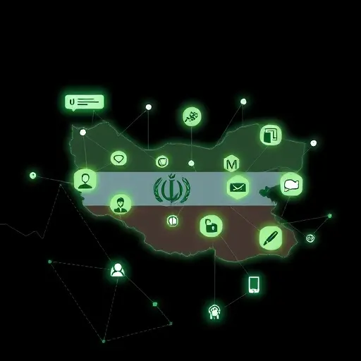 illustrated Iran map with glowing network nodes connecting to AI model icons (chat bubble, quill, camera, code brackets) symbolizing ChatGPT, Claude, Gemini access; dark UI, green accent #94d3a2