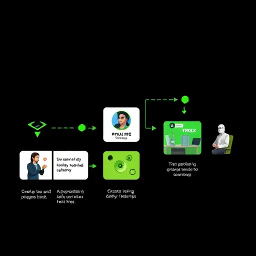 workflow illustration of AI image generation: user prompt -> API gateway -> AI model (DALL·E/Midjourney) -> returned image to Telegram, clean vector, dark background, green accents, text-free, professional
