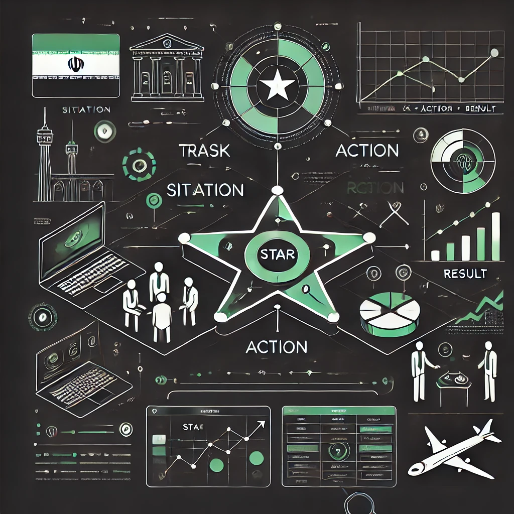 clean schematic illustration of the STAR method (Situation, Task, Action, Result)