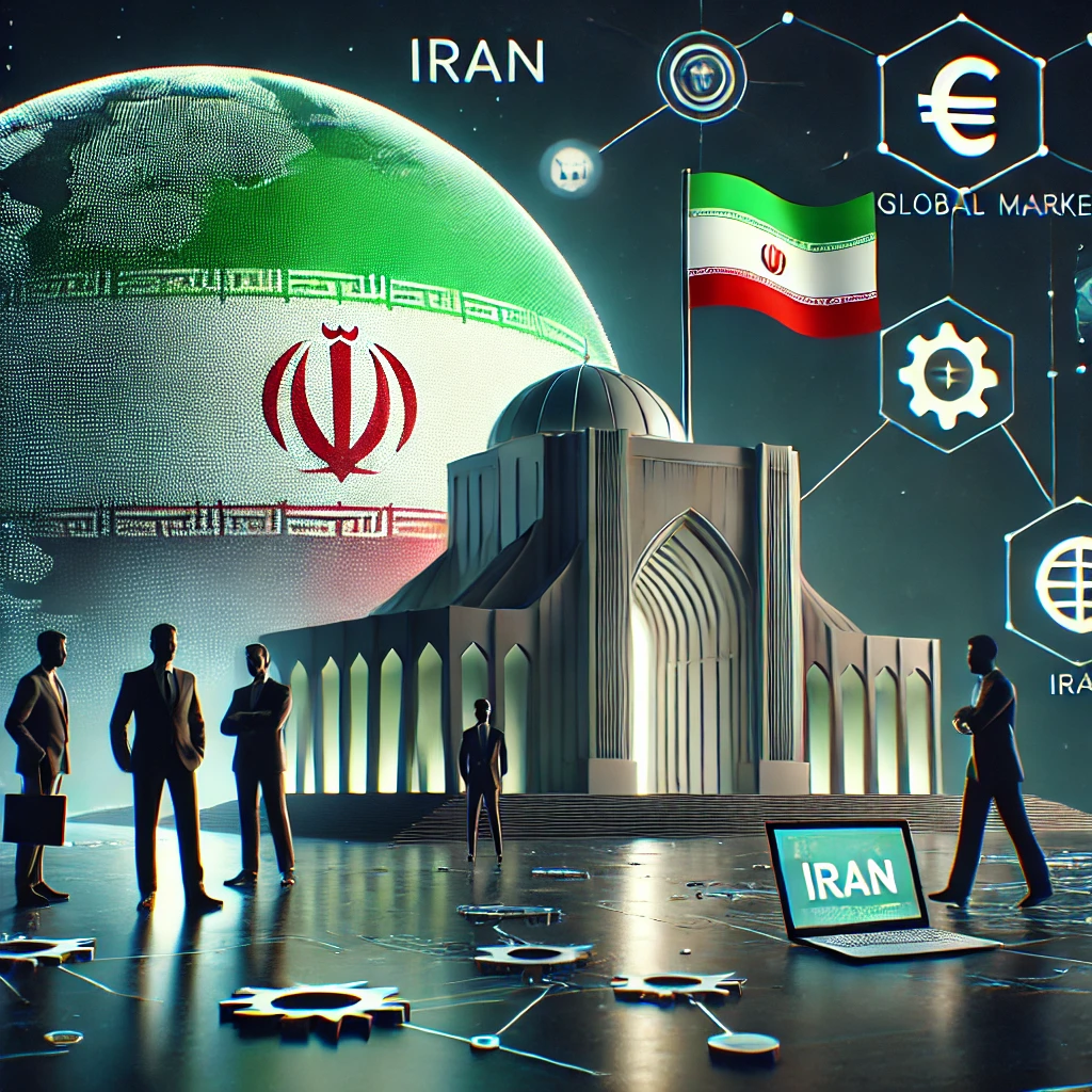 abstract localization workflow illustration, globe highlighting Iran and global markets, arrows converting currencies and units, tech icons, dark background with green accents, text-free