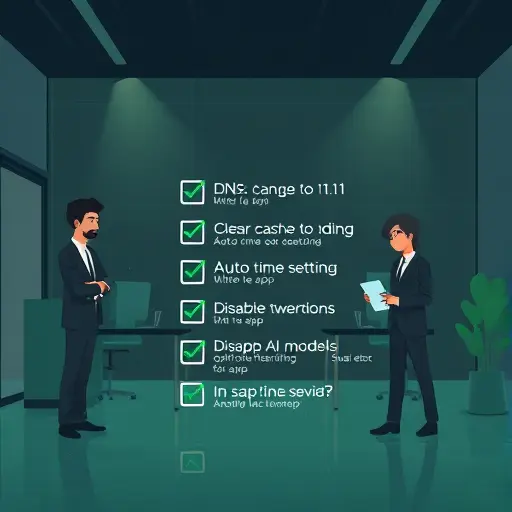animated Android troubleshooting checklist: DNS change to 1.1.1.1, clear cache, auto time setting, disable battery optimization for app, swap AI models to avoid 429, dark themed tech illustration, green accents, text-free