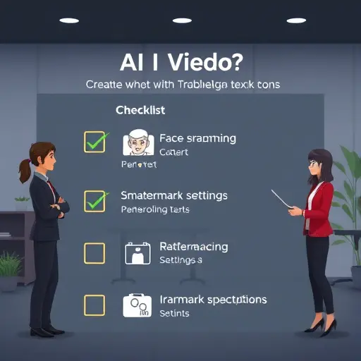 animated checklist for AI video troubleshooting, showing icons for face sharpening, smart reframing, watermark settings, and RTL captions;