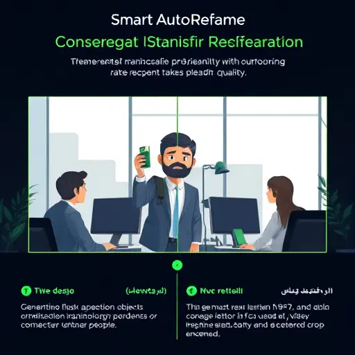 illustration of smart auto-reframe workflow converting 16:9 to 9:16 using pillarbox/letterbox and face-centered crop, clean infographic, dark theme, green accents, no text