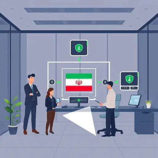 illustrated server-side relay architecture diagram for AI API: client -> backend relay -> external AI models, secured locks, Iran map icon, dark mode, green accent, text-free
