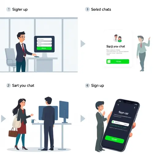 animated step-by-step illustration of signing up and starting a chat on a smartphone, dark UI, green accent buttons, text-