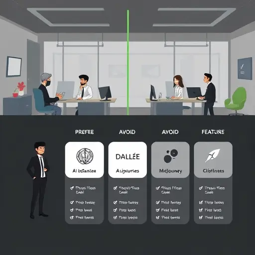 ·E, Midjourney, and a generic platform, feature checklist panels, dark UI with green accent, minimal, text-free