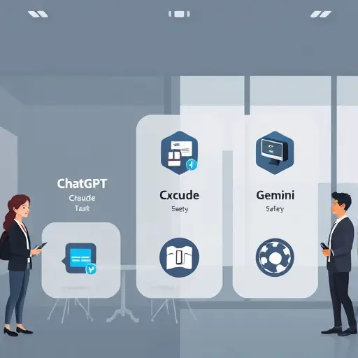 clean comparison illustration of ChatGPT, Claude, Gemini icons with task badges: extraction, safety, multimedia;