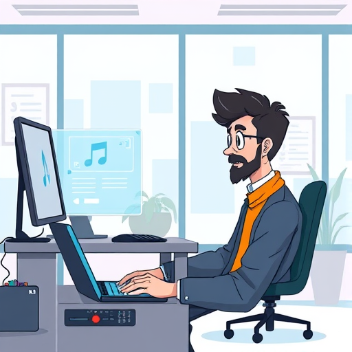 modern illustration showing a student using AI technology to learn music, digital interface with musical notes, AI chatbot partially visible, cartoon style, no text