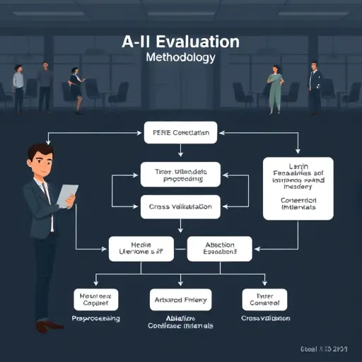 cartoon-style flowchart showing AI evaluation methodology: data collection, preprocessing, stratified split, cross-validation, ablation, confidence intervals;