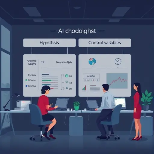clean illustration of AI experiment methodology, showing hypothesis, metrics, control variables, and repeat runs;