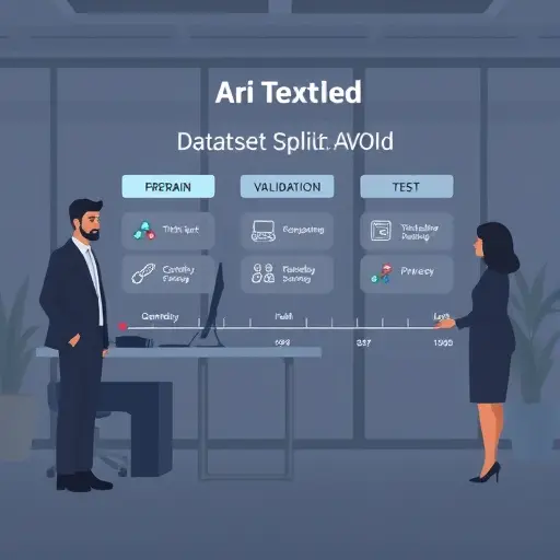 illustration of dataset splitting into train, validation, and test, plus a time-series split timeline; icons for fairness, robustness, privacy;; minimal, text-free