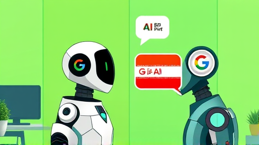 side by side cartoon comparison of Google AI robot and other AI assistants (like a chat bubble for ChatGPT), technology animation, vibrant green theme, text free