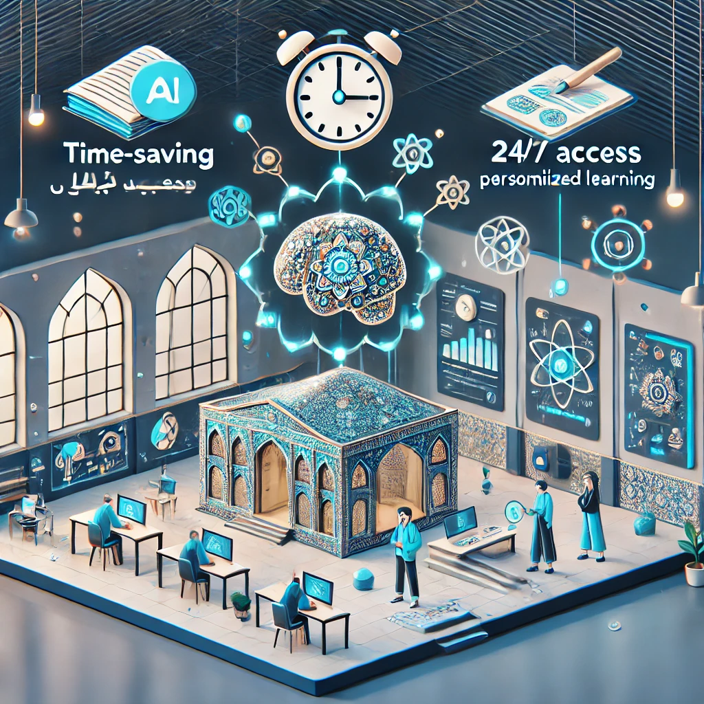 animated infographic showing benefits of AI-powered homework platforms: time-saving, 24/7