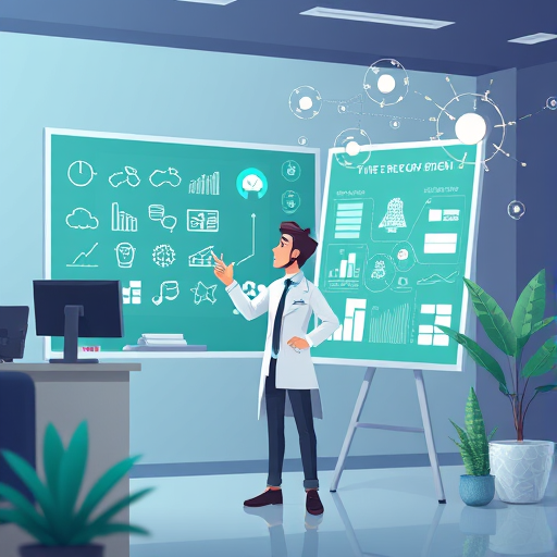animated scientist working at a digital whiteboard, AI-