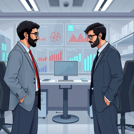 modern engineering research lab, animated AI interface with charts and neural networks, Iranian motif details, high-tech style, no text