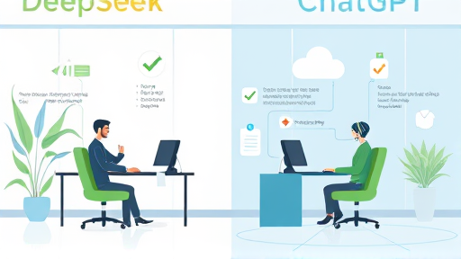 infographic-(DeepSeek vs ChatGPT), featuring checklist icons, cloud AI symbols, green and blue palette, no text