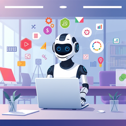 modern animated illustration of a digital tutor (AI chatbot)(math, language, coding), futuristic classroom setting, clean, no text