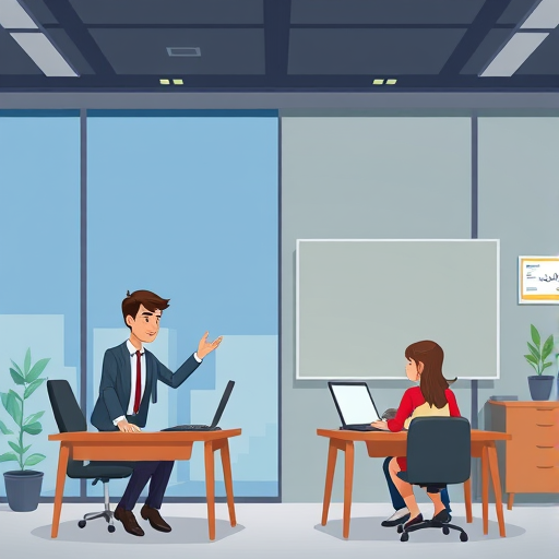 cartoon illustration showing a comparison between traditional teacher and AI tutor, both helping students, with technology vs. classroom elements, text-free