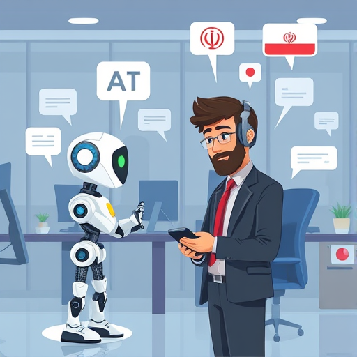 illustration of animated AI chatbot helping a student learn a foreign language, language icons, speech bubbles, global education vibe, text-free