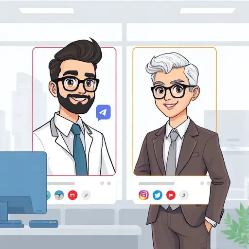 illustrated concept of two animated avatars integrated into social network post frames, Instagram and Telegram icons, AI style, vibrant, no text