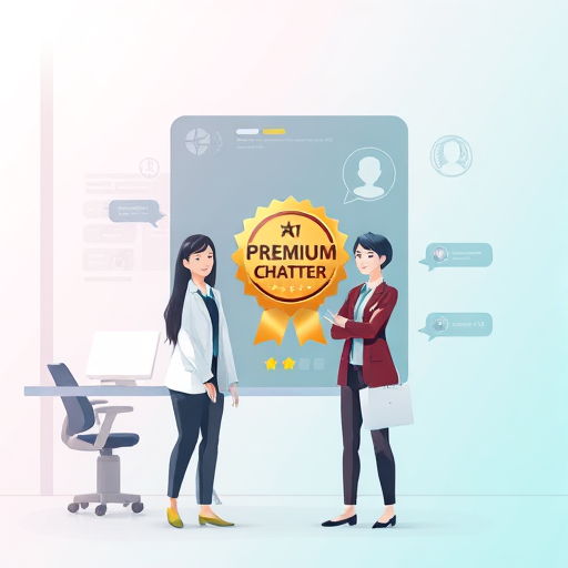 modern animated illustration of AI chatbot interface with premium badge, clean tech design, gradient background, no text