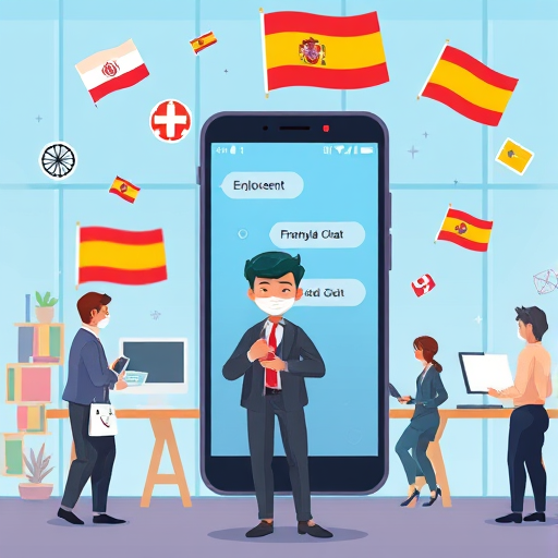 cartoon style illustration showing a friendly AI chat interface on a smartphone, with Spanish language symbols (like flags, books, speech bubbles)