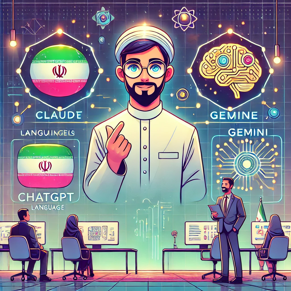 modern illustrated comparison chart of three AI language models (ChatGPT, Claude, Gemini), glowing icons symbolizing grammar, technology theme, text-free