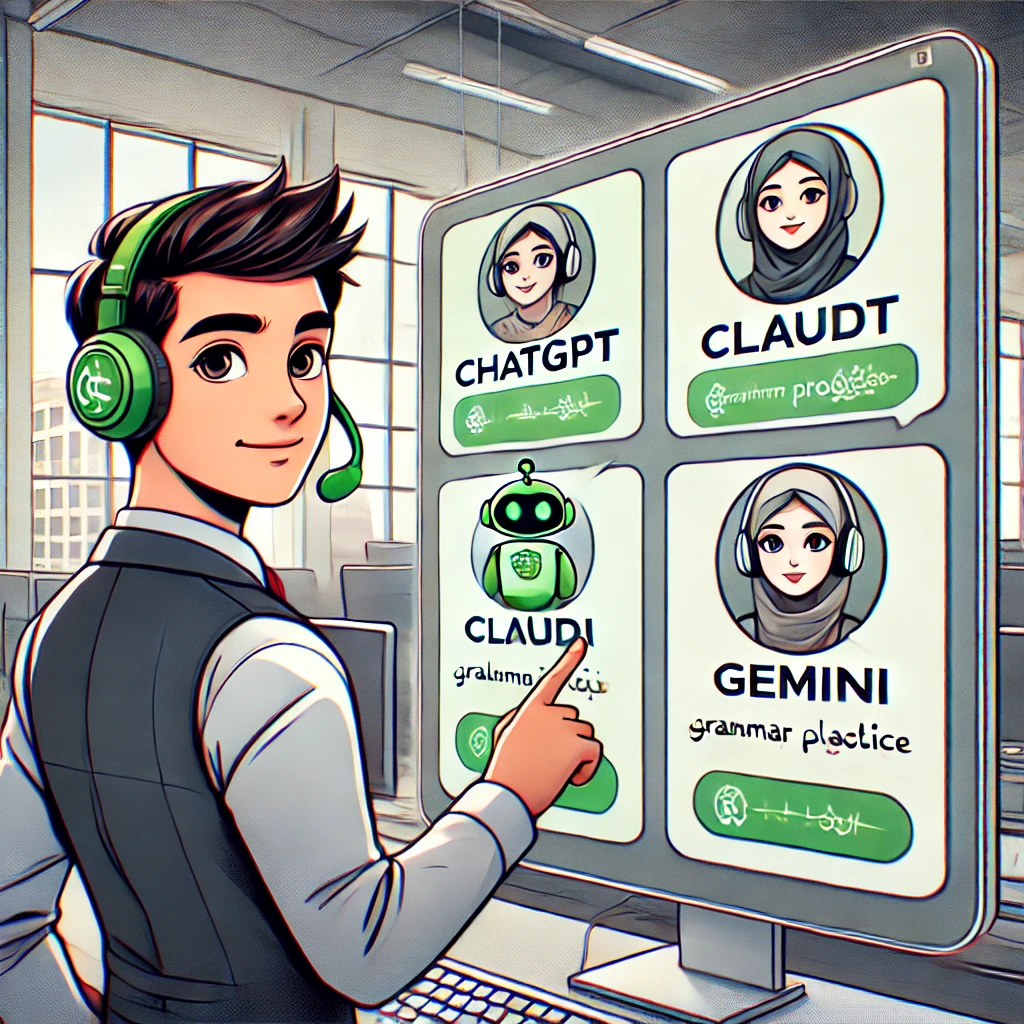 (ChatGPT, Claude, Gemini) for grammar practice, digital interface, green accent, text-free