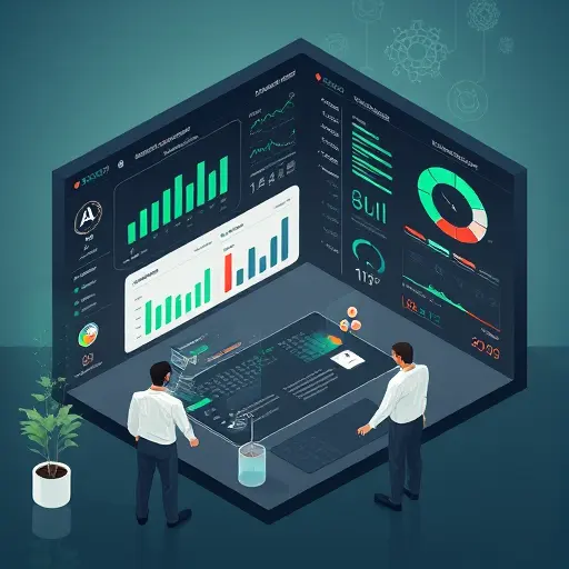 isometric illustration of a secure AI dashboard analyzing lab markers with charts and gauges, dark UI with green highlights, abstract medical icons (test tubes, blood drop, DNA)