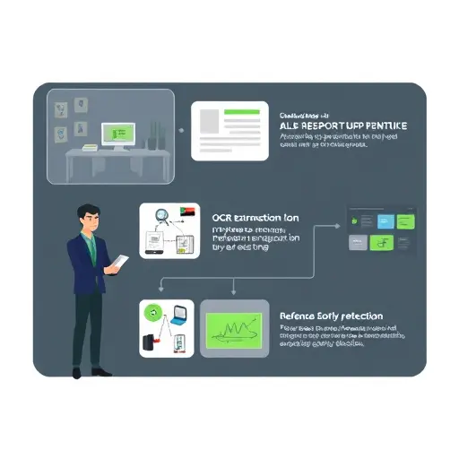 illustrated pipeline of AI lab report interpretation, steps: OCR extraction, unit normalization, reference range personalization by age/sex, anomaly detection;