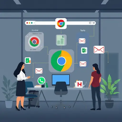 illustration of a browser (Chrome) and productivity apps (Docs, Sheets, Gmail)
