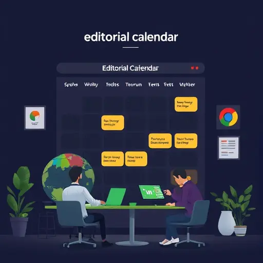 animated editorial calendar with seasonal icons (spring, summer, autumn, winter), team coordination symbols, dark UI, green accent #94d3a2