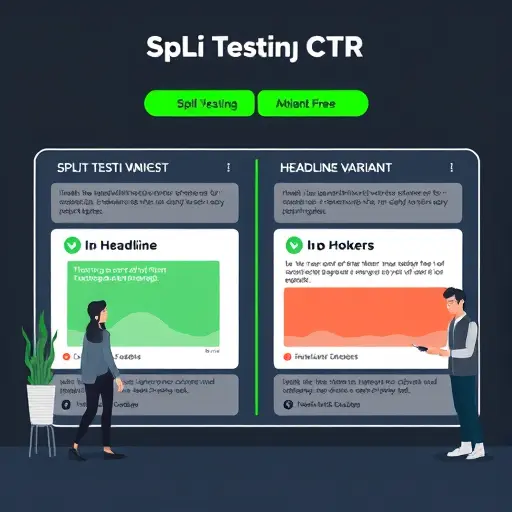 split testing board illustration showing two headline variants (A/B) for a LinkedIn post, metrics like CTR and engagement visualized, minimalist dark UI, green accent, no text