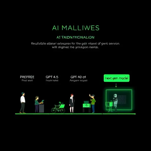 animated timeline of AI model releases on a dark background, showing iterative upgrades (GPT-4.5, GPT-4o, o1) leading toward a milestone labeled