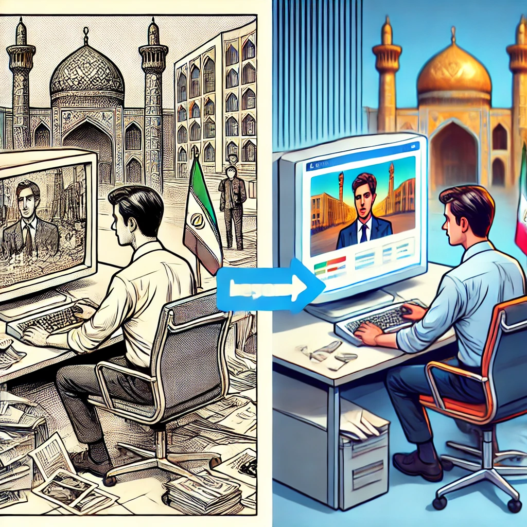 cartoon-style illustration showing an old low-resolution photo transforming smoothly into a sharp, high-