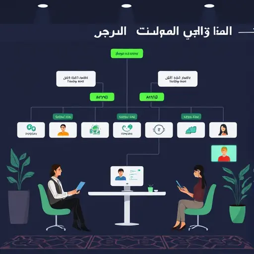 animated branching interview flowchart with AI assistant guiding the host, dark theme with green #94d3a2